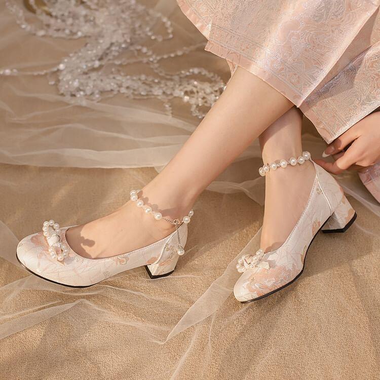 Faux Pearl Ankle Strap Jacquard Pumps Product Image