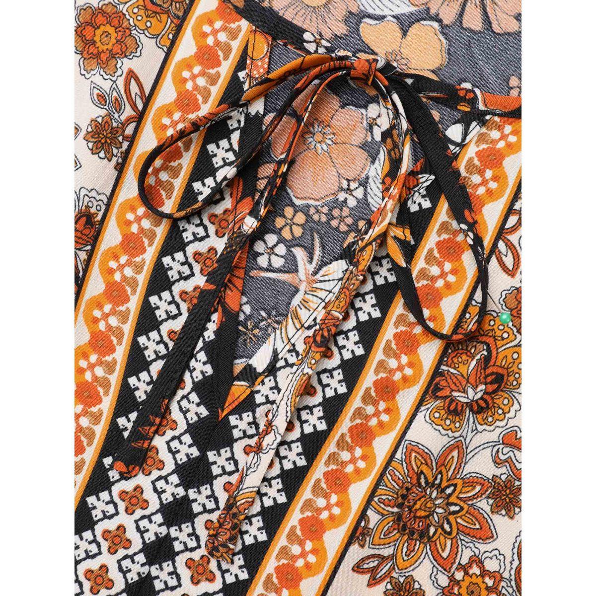 Plus Size Black Boho Print Tie Knot Lantern Sleeve Blouse Women Resort Long Sleeve Notched collar Vacation Blouses BloomChic 26/4X Product Image