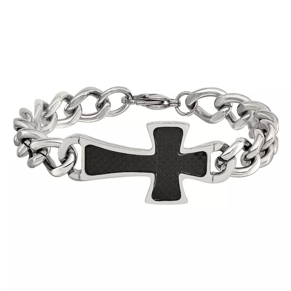 Men's Stainless Steel Black Carbon Fiber Cross Bracelet, Size: 8.5" Product Image