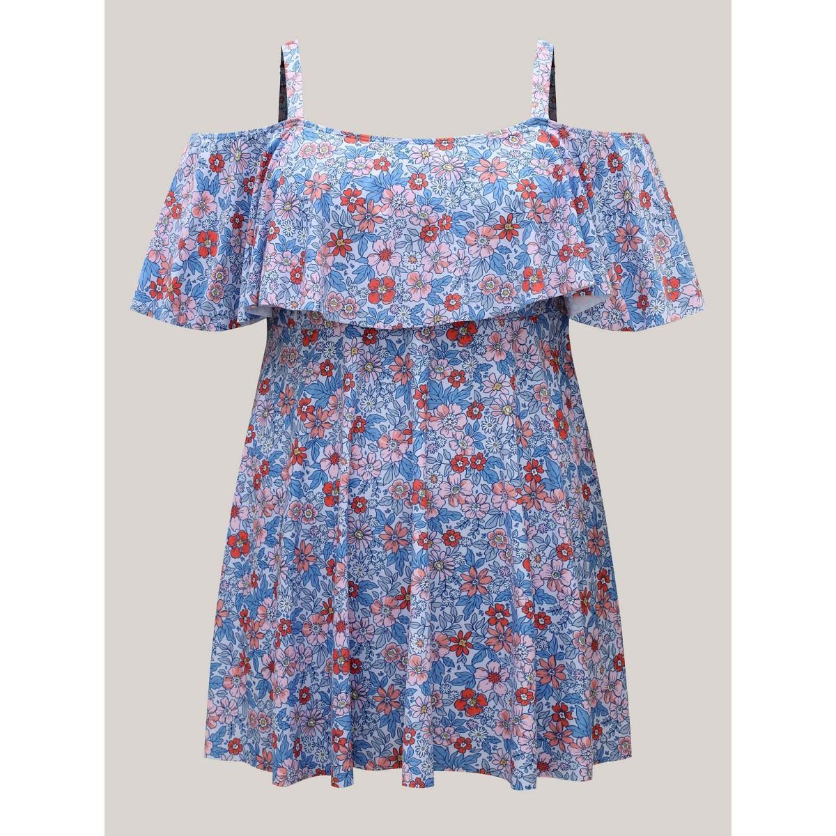 Plus Size Floral Cold-Shoulder Ruffled Swim Dress Women's Swimwear LightBlue Beach Bodycon One-shoulder neck High stretch Curve Swim Dresses BloomChic 18-20/2X Product Image