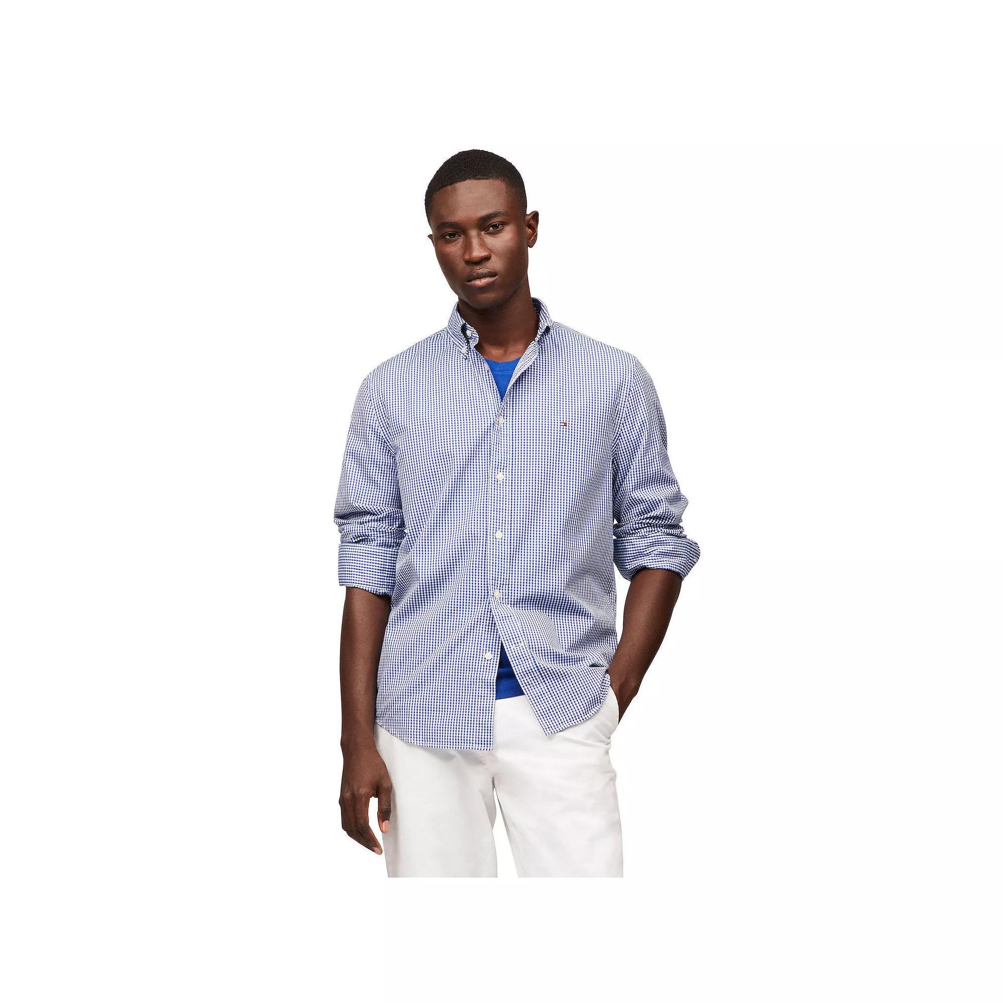 Men's Tommy Hilfiger Flex Poplin Gingham Long Sleeve Shirt, Size: Medium, Wedge Blue Gingham Product Image