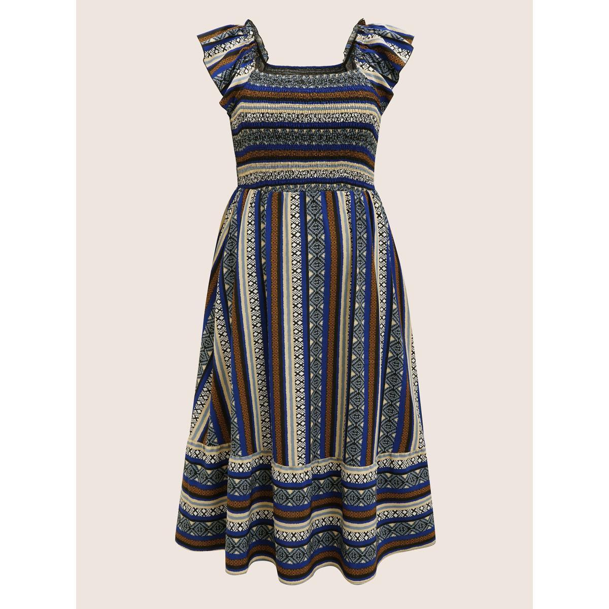 Plus Size Bandana Striped Shirred Ruffle Trim Dress Mediumblue Women Resort Shirred Square Neck Cap Sleeve Curvy BloomChic 28/5X Product Image