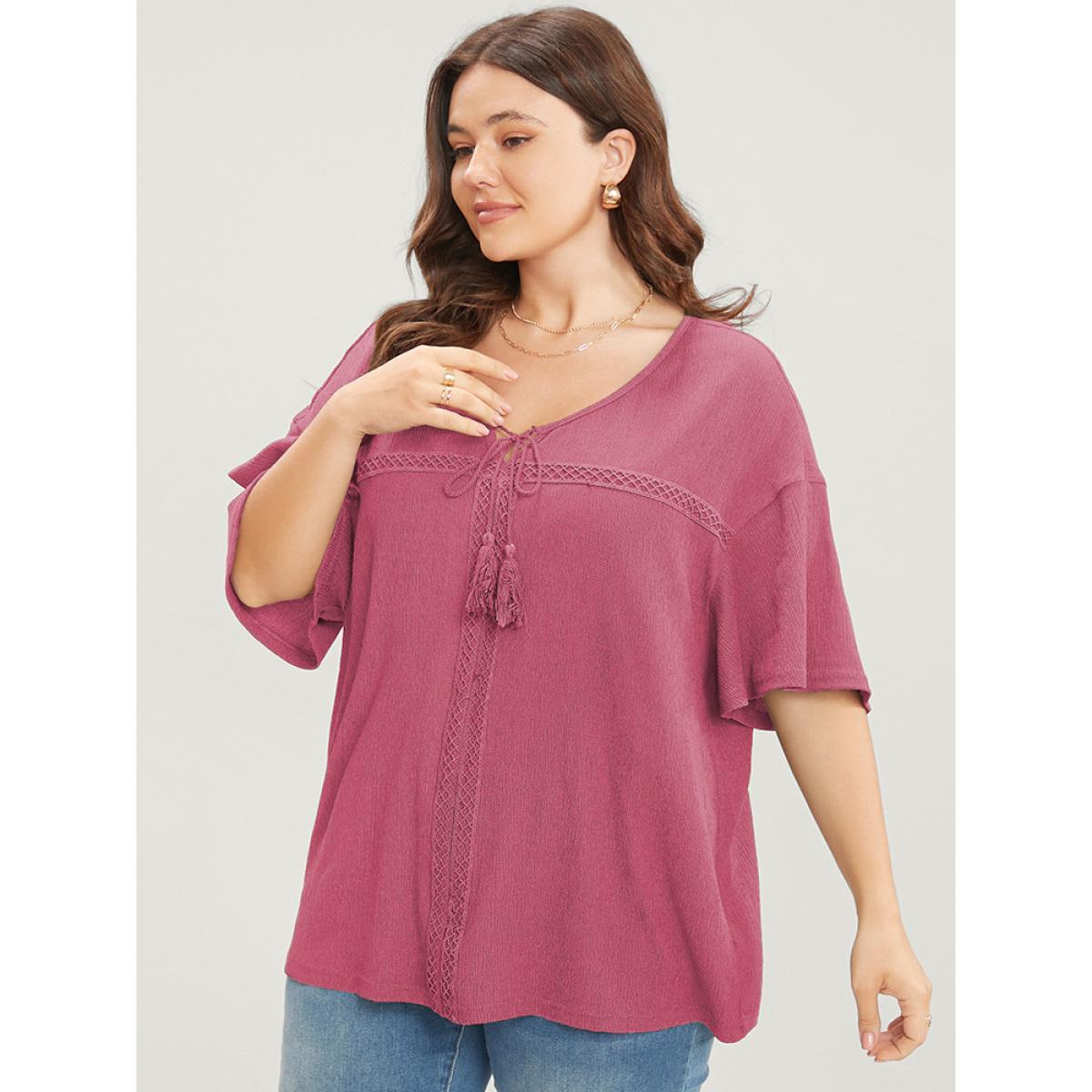 Plus Size RedViolet Solid Tassels Flounce Sleeve Lace Tie Neck Blouse Women Casual Short sleeve V-neck Dailywear Blouses BloomChic 28/5X Product Image