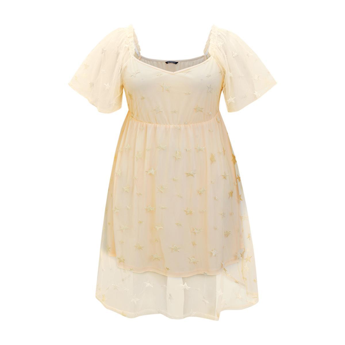 Plus Size Star Embroidered Mesh Ruffle Sleeve Frill Trim Dress Beige Women Glamour Lined V-neck Short sleeve Curvy Knee Dress BloomChic 14-16/1X Product Image