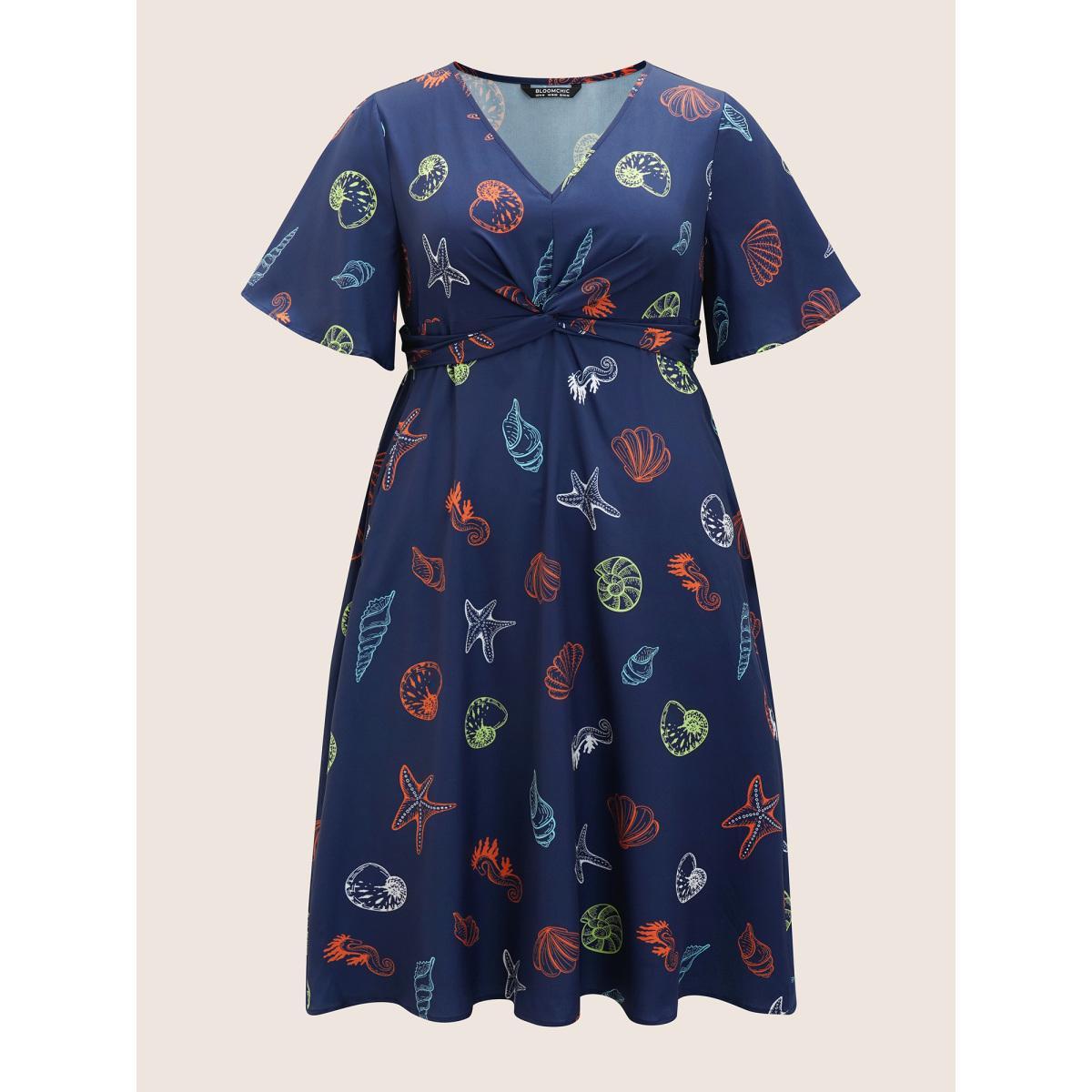 Plus Size Marine Elements Twist Front Elastic Waist Dress Navy Women Resort Twist V-neck Short sleeve Curvy BloomChic 18-20/2X Product Image