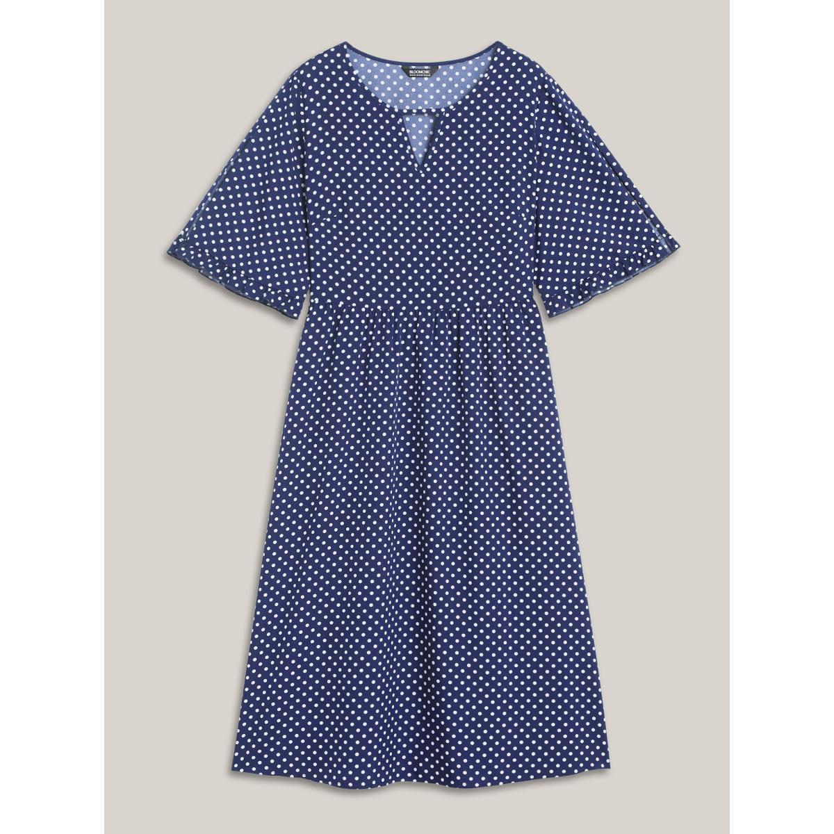 Plus Size Polka Dot Print Slit Sleeve Pockets Midi Dress Midnight Women At the Office Cut-Out Flat collar with V-notch Short sleeve Curvy BloomChic 12/L Product Image