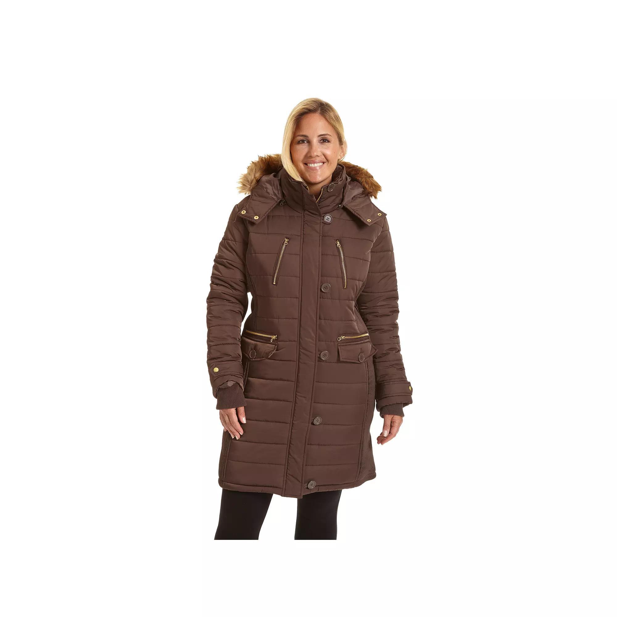 Plus Size Excelled Long Hooded Puffer Jacket, Women's, Size: 3XL, Cappucino Product Image