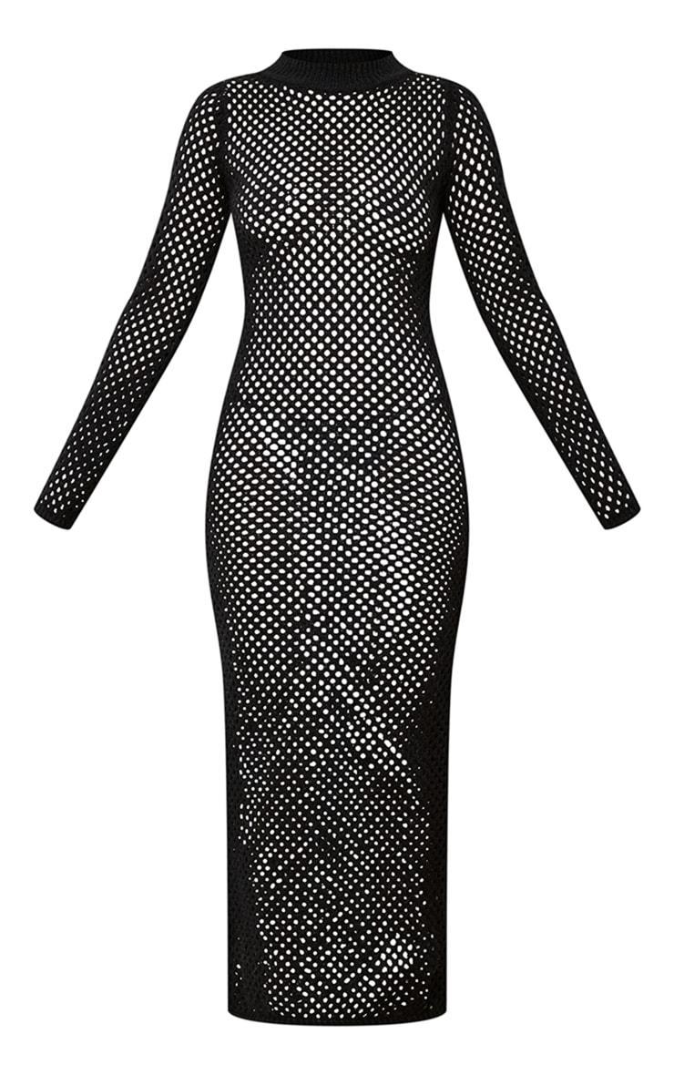 Black Open Knit Long Sleeve Midaxi Dress Product Image