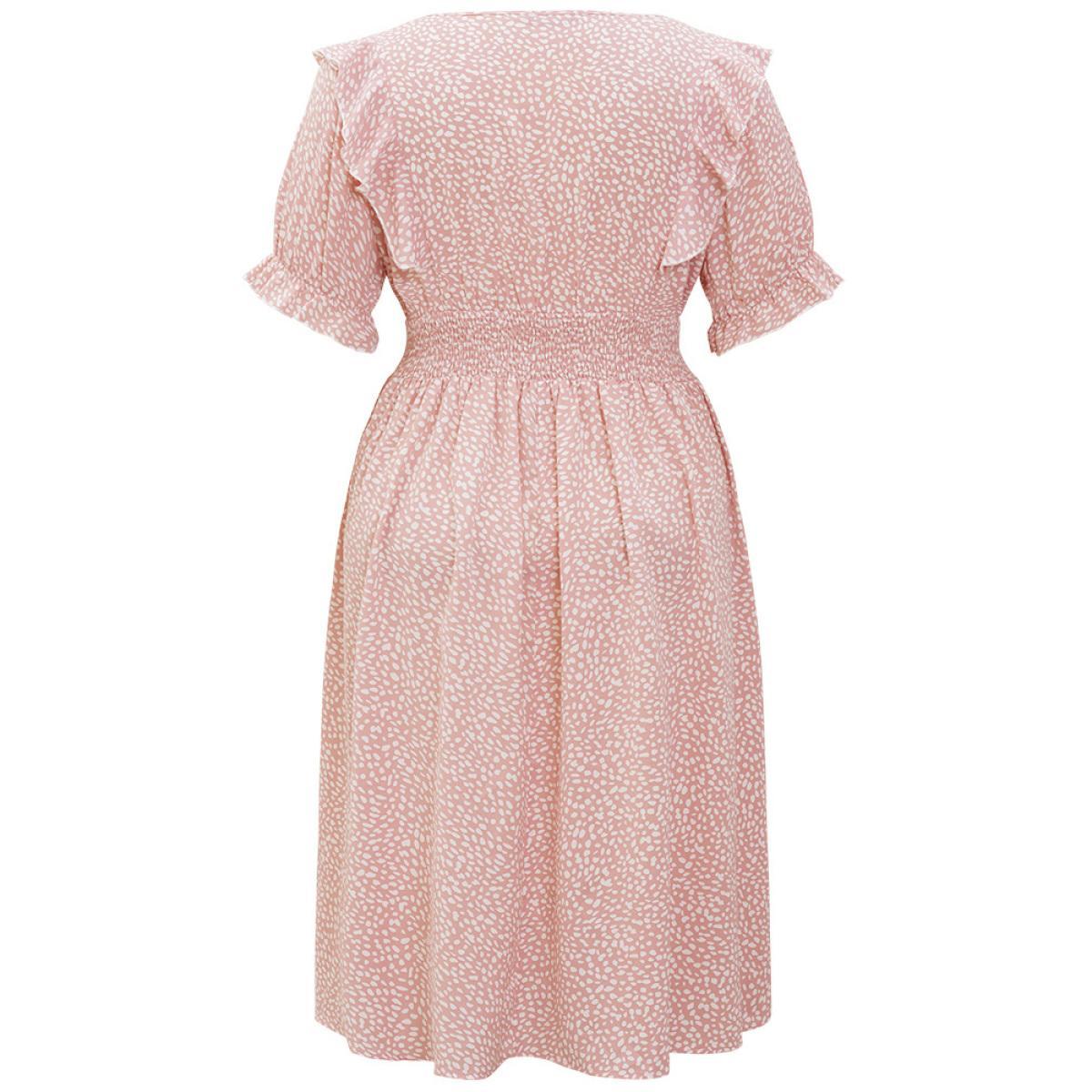 Plus Size Leopard Ruffle Trim Pocket Shirred Puff Sleeve Dress DustyPink Women Elegant Lined V-neck Short sleeve Curvy Midi Dress BloomChic 18-20/2X Product Image