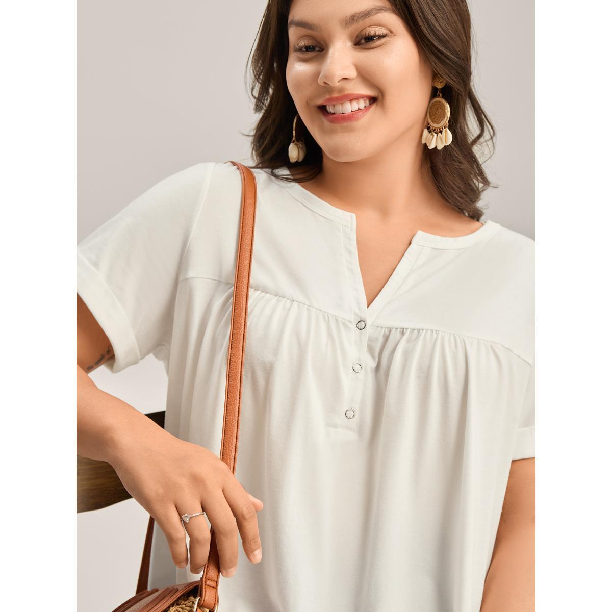 Plus Size Button Placket Split Neck Pleated T-Shirt Originalwhite Women Gathered Notched collar Vacation T-shirts BloomChic 28/5X Product Image