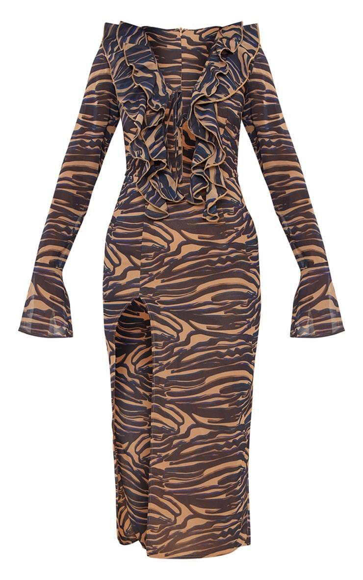 Stone Zebra Print Chiffon Frill Detail Midi Dress Product Image