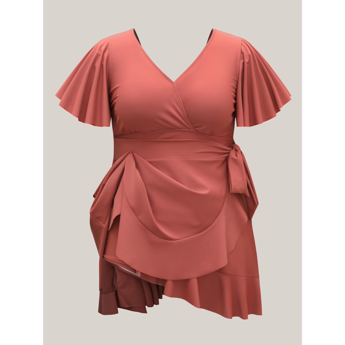 Plus Size Side Tie Ruffled Tiered Swim Dress Women's Swimwear Rust Beach Bodycon Overlap Collar High stretch Curve Swim Dresses BloomChic 14-16/1X Product Image