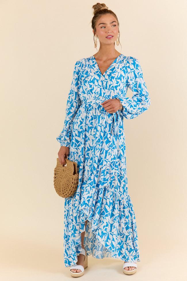 Palmetto Paradise Blue and White Long Sleeve Maxi Dress SALE Product Image