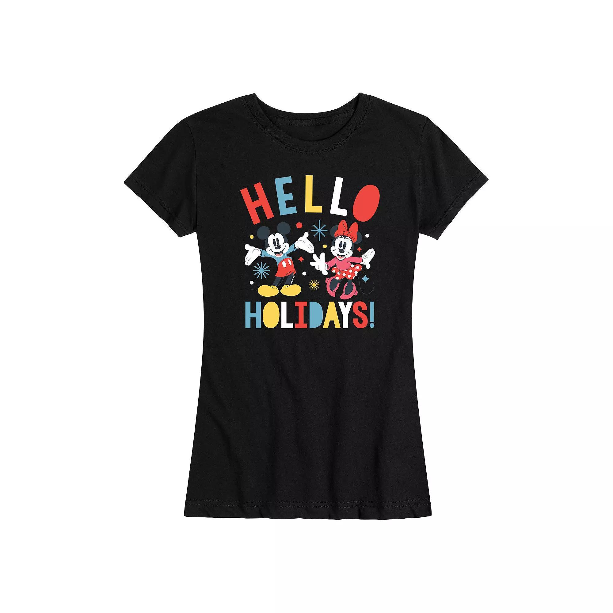 Disney's Mickey Mouse And Minnie Mouse Women's "Hello Holidays" Graphic Tee, Girl's, Size: XL, Black Product Image