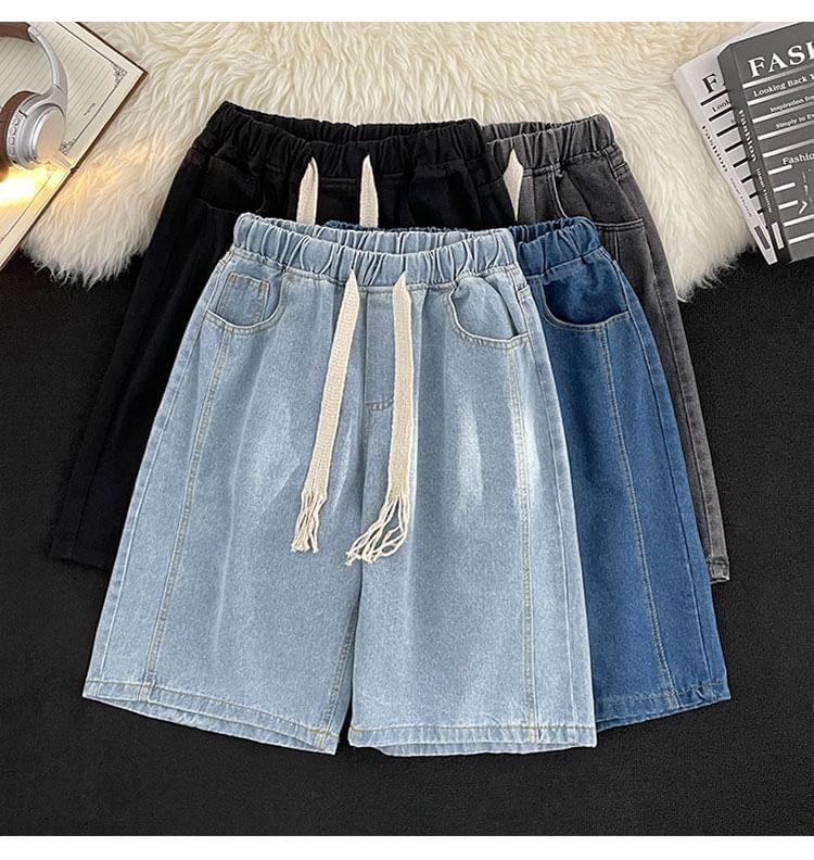 Elastic Waist Washed Denim Shorts Product Image