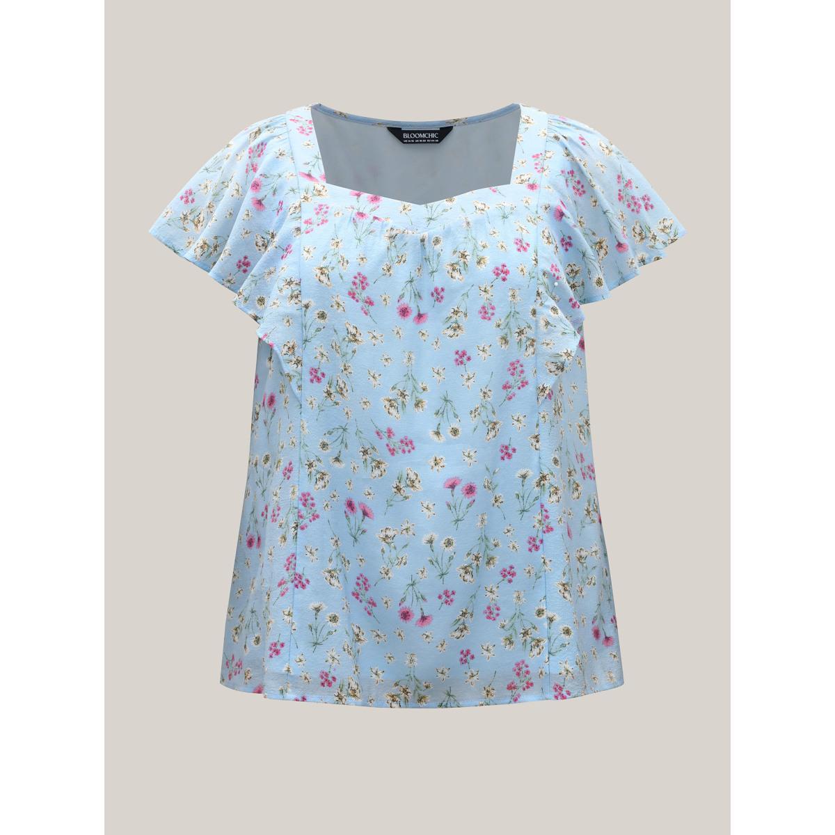 Plus Size LightBlue Floral Print Ruffled Flowy Blouse Women Cap Sleeve Square Neck Everyday-Elegant Blouses BloomChic 10/M Product Image