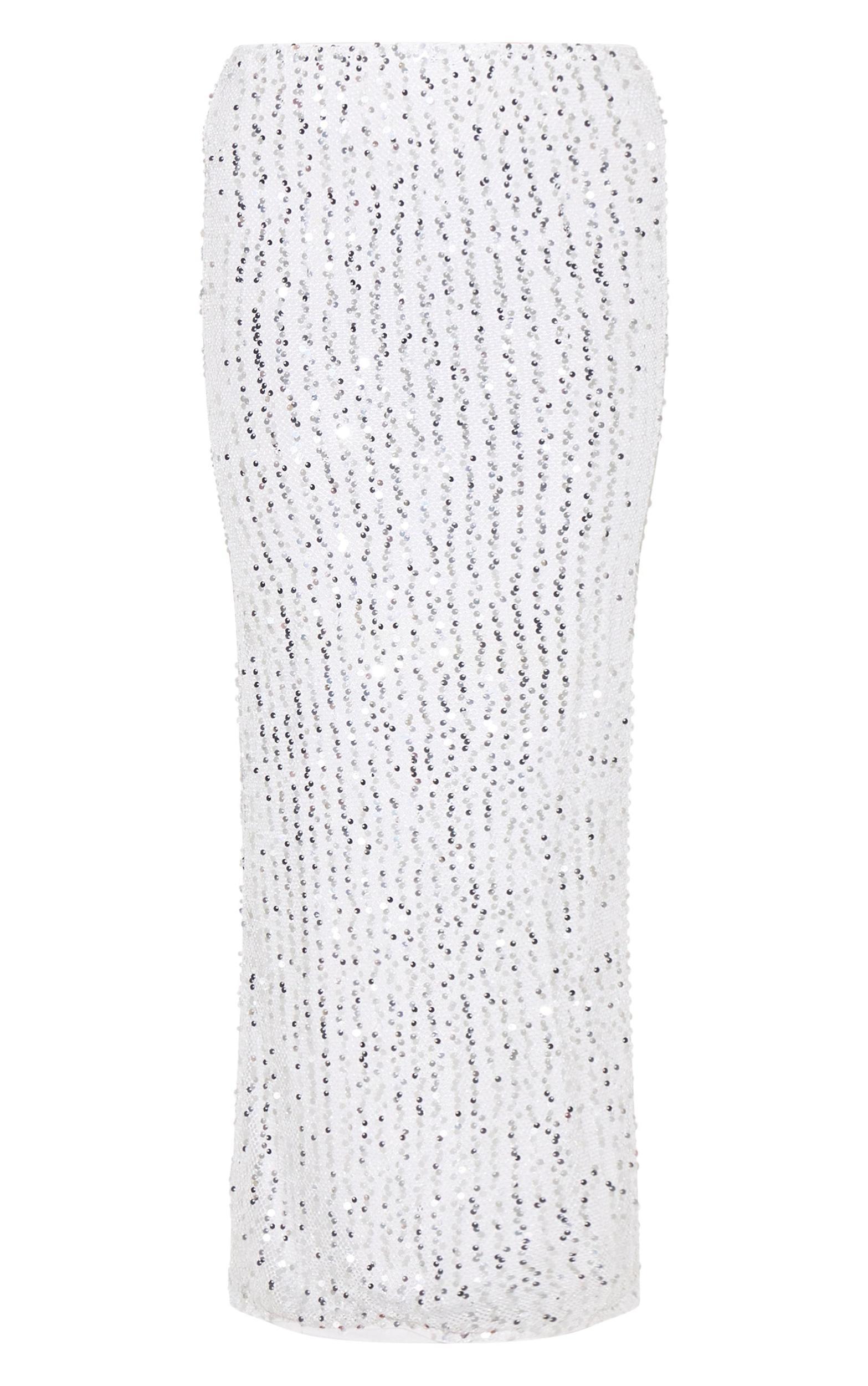 Silver Sequin Embellished Low Rise Drapey Maxi Skirt Product Image
