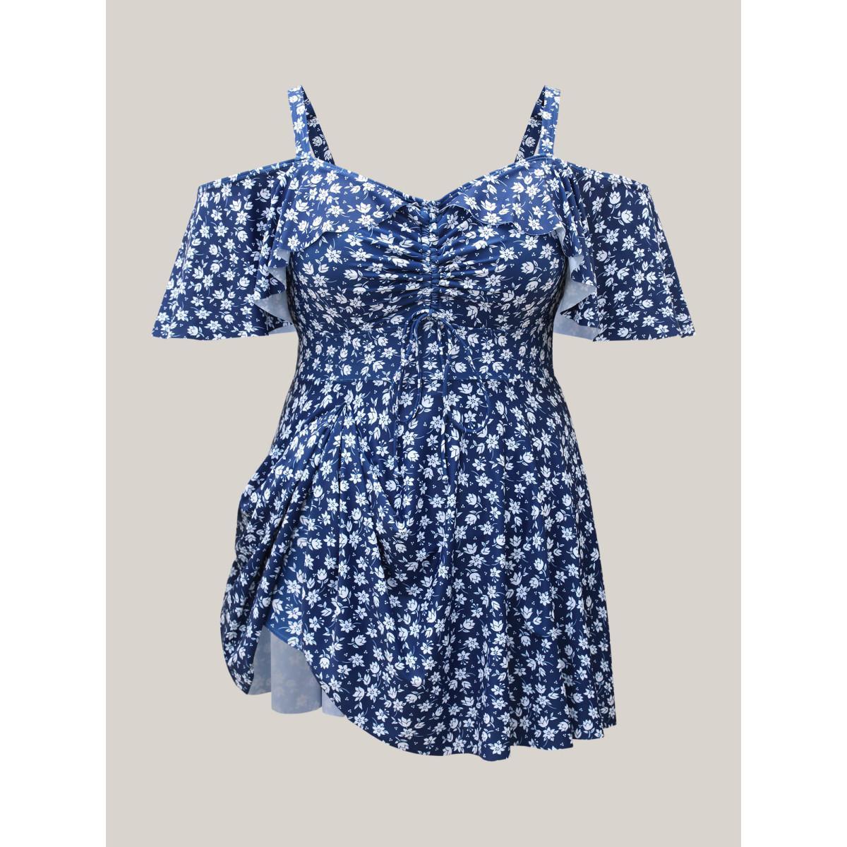 Plus Size Off-Shoulder Ruched Drawstring Swim Dress Women's Swimwear Indigo Beach Bodycon One-shoulder neck High stretch Curve Swim Dresses BloomChic 10/M Product Image