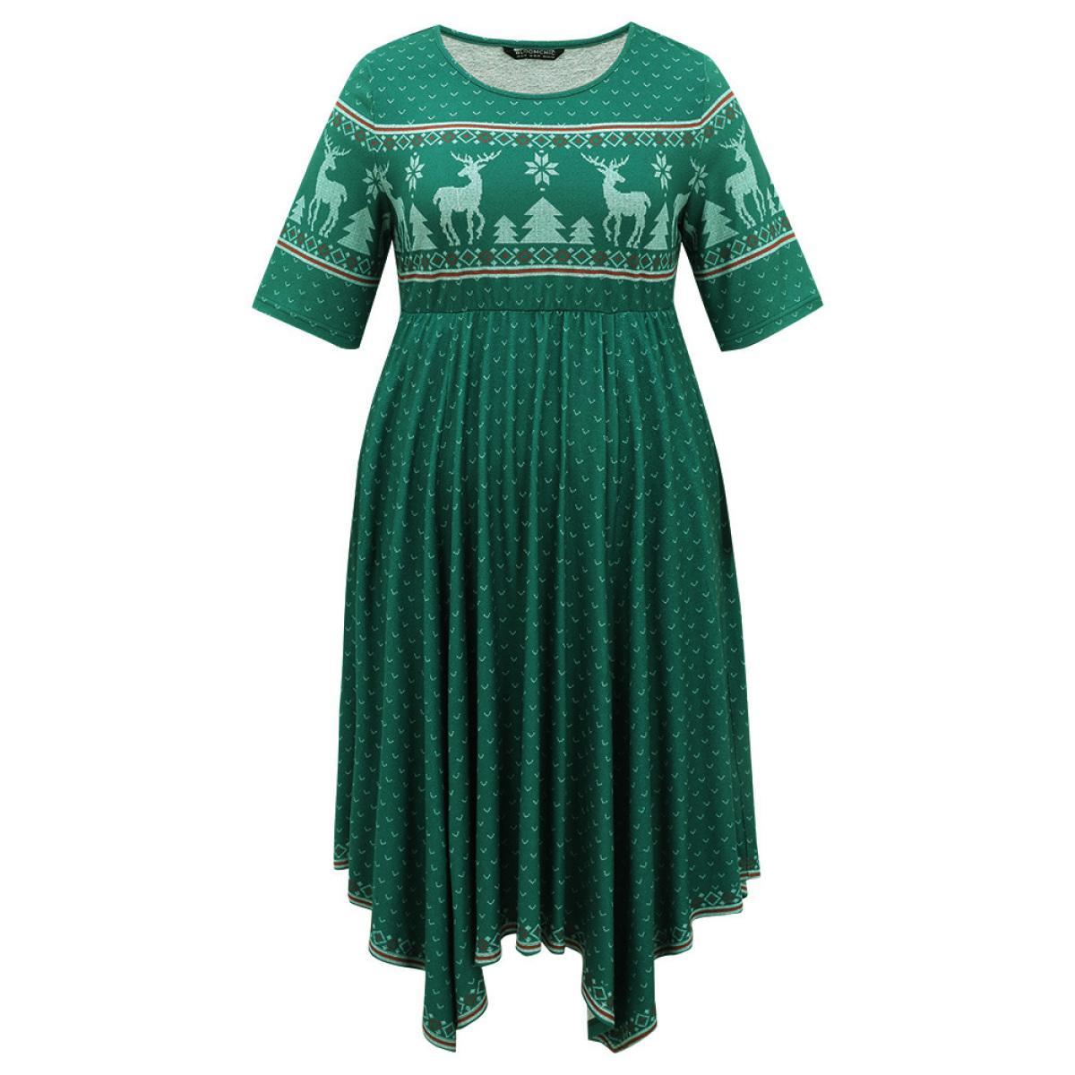 Plus Size Christmas Elk Elastic Waist Hanky Hem Dress Cyan Women Casual Printed Round Neck Half Sleeve Curvy Midi Dress BloomChic 12/L Product Image