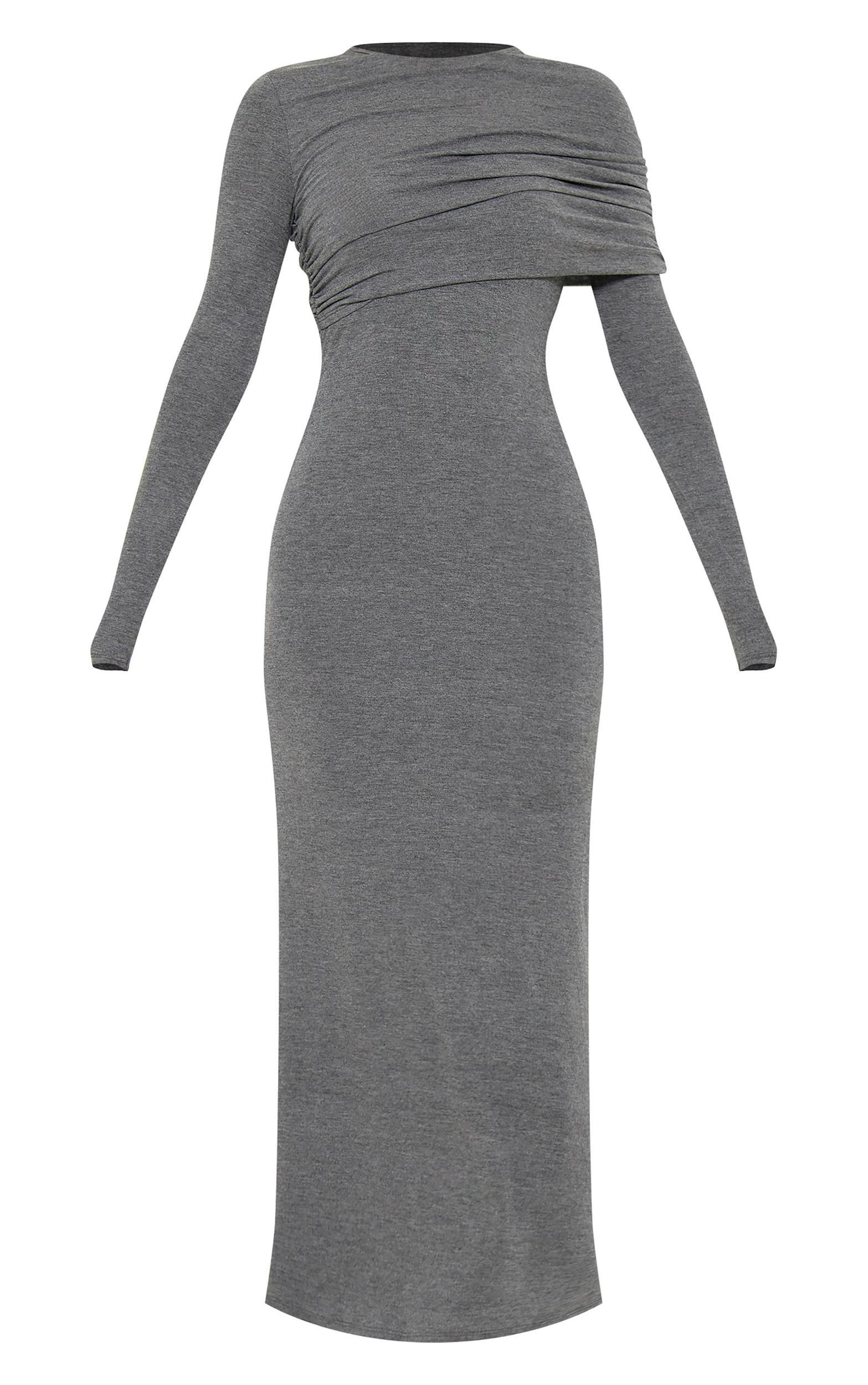 Charcoal Grey Ruched Overlay Long Sleeve Maxi Dress Product Image