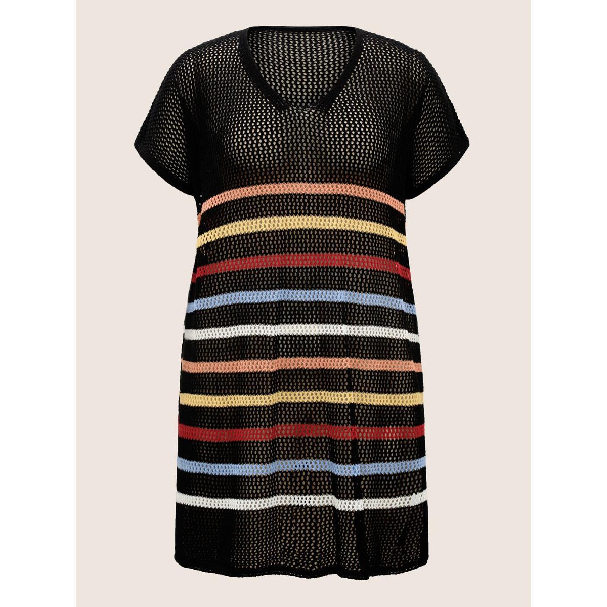 Plus Size Contrast Striped Batwing Sleeve Split Hem Swim Cover Up Women's Swimwear Black Beach Loose Texture Curve Swim Cover Ups BloomChic 30/6X Product Image