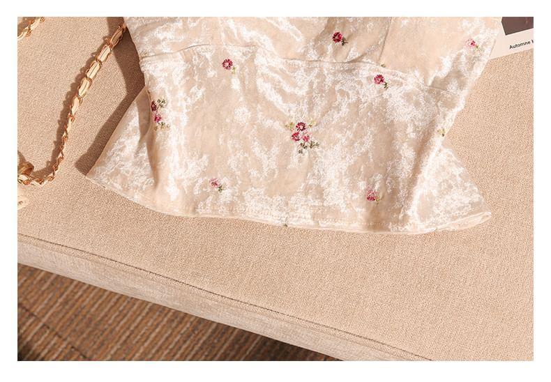 V-Neck Velvet Floral Embroidery Crop Camisole Top Product Image