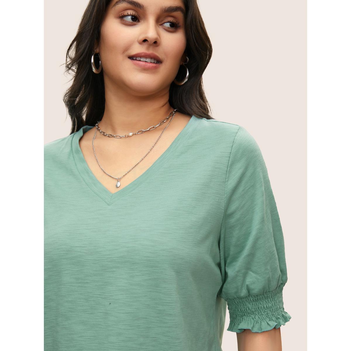 Plus Size Solid Lantern Sleeve V Neck Shirred T-shirt Mint Women Casual Non Plain V-neck Everyday T-shirts BloomChic 28/5X Product Image