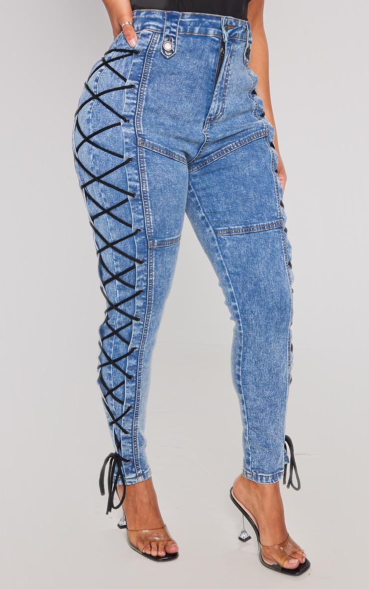 Shape Light Blue Washed Denim Lace Up Skinny Jeans Product Image