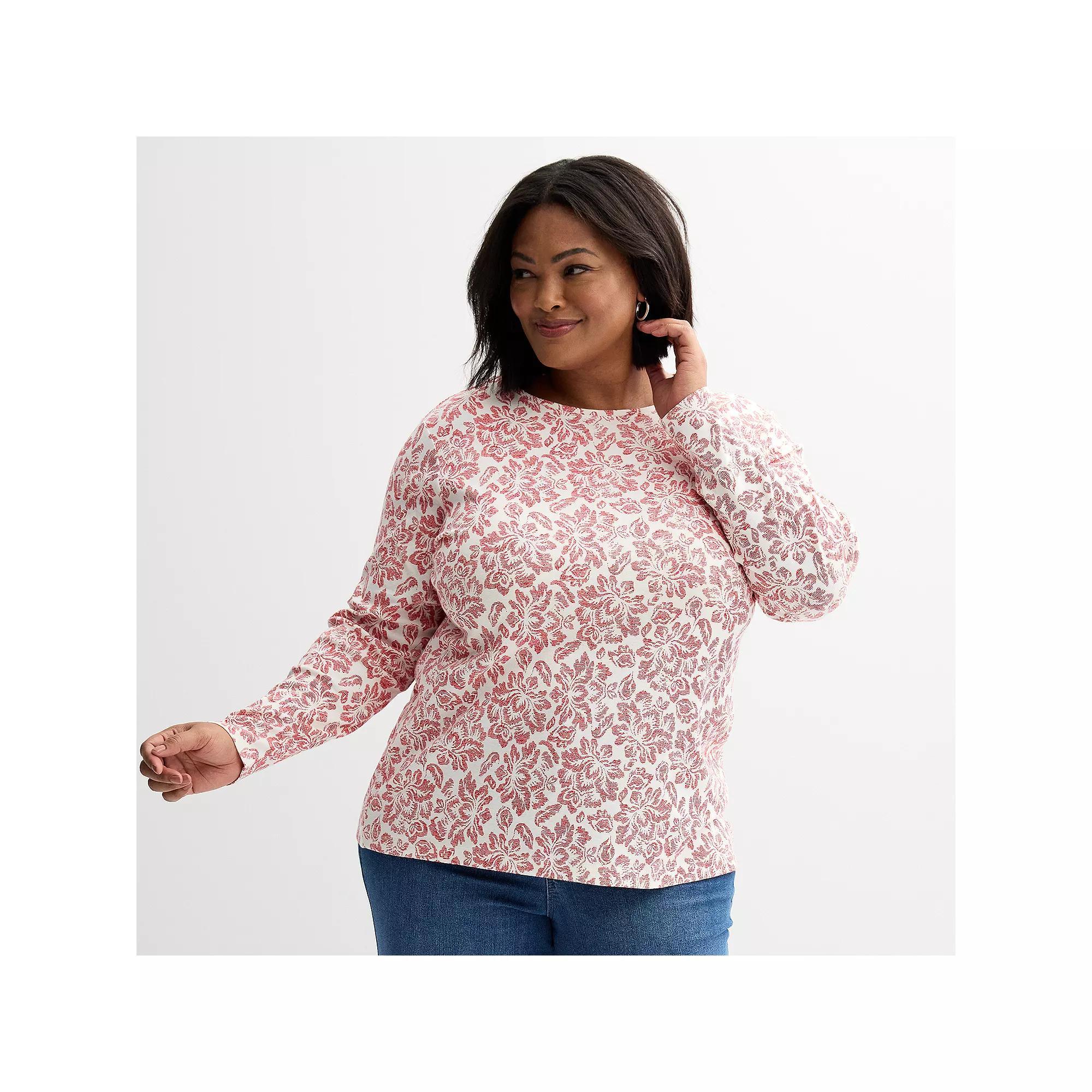 Plus Size Croft & Barrow® Essential Crewneck Long Sleeve Tee, Women's, Size: 1XL, Navy Night Red Product Image