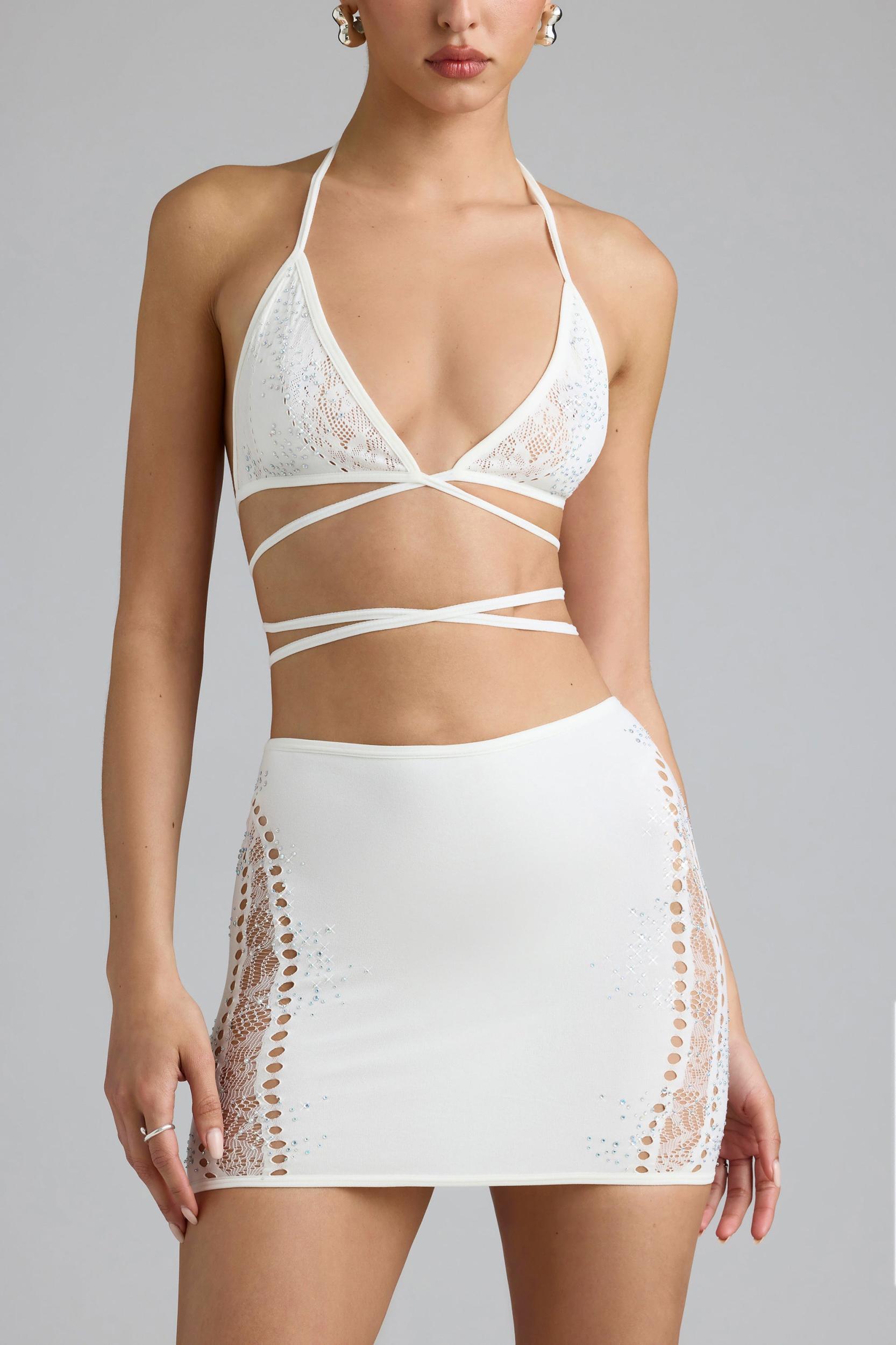 Embellished Cross-Strap Bikini Top in Ivory Product Image