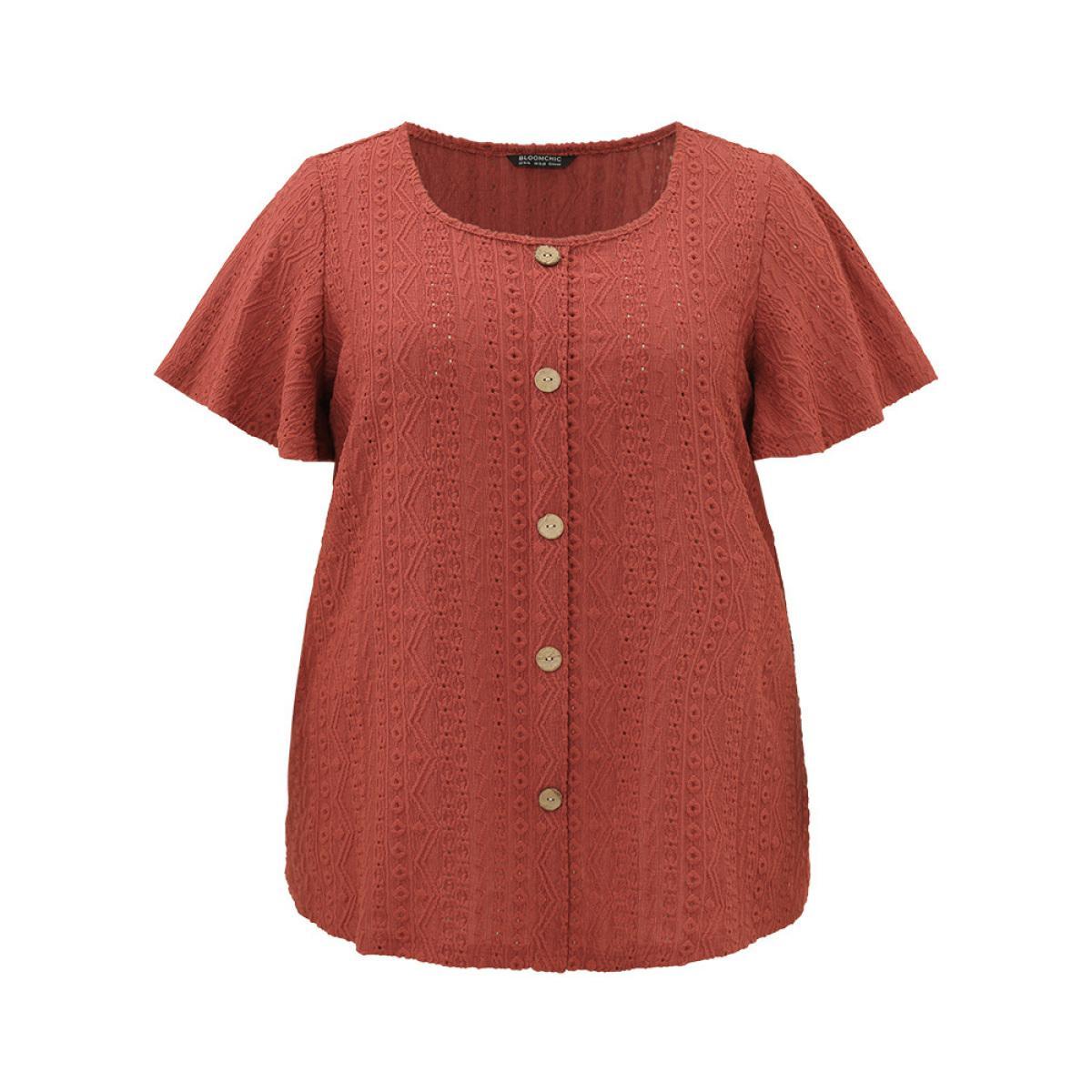 Plus Size Embroidered Button Detail Crew Neck Flutter Sleeve T-shirt Rust Women Elegant Texture Plain Round Neck Dailywear T-shirts BloomChic 26/4X Product Image
