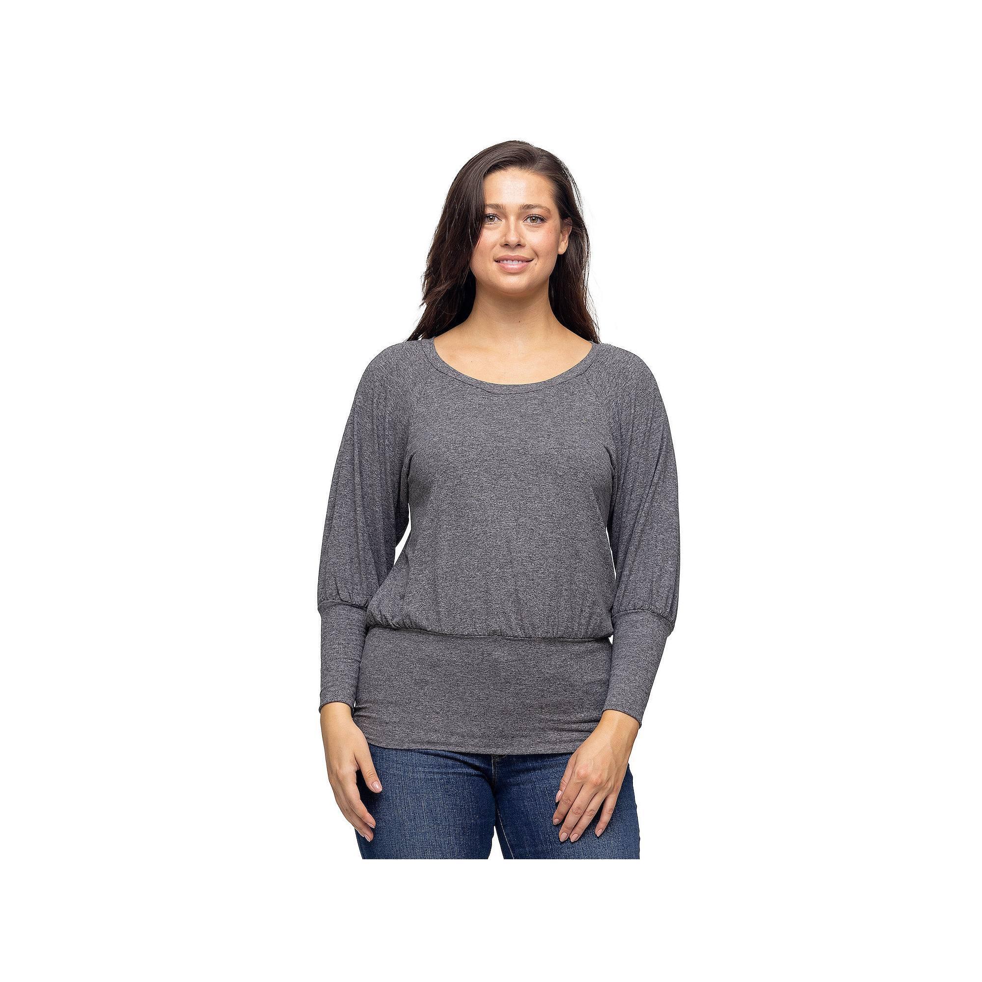 Women's 24Seven Comfort Apparel Round Neck Long Blouson Sleeve Banded Bottom Top, Size: Medium, Grey Product Image