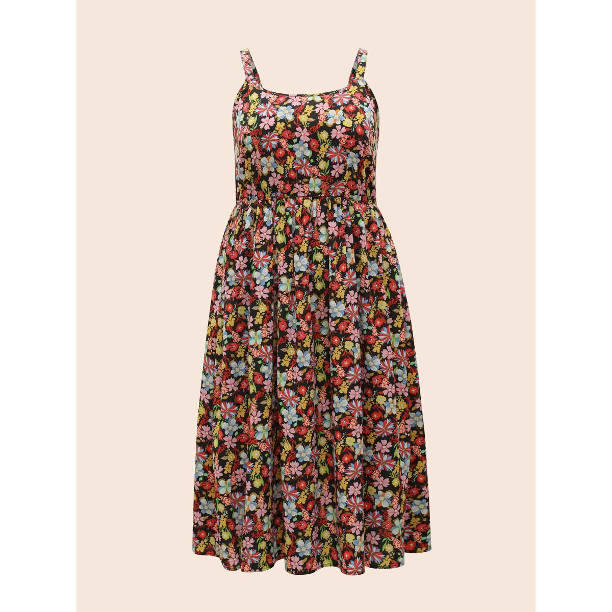Plus Size Ditsy Floral Elastic Waist Cami Dress Multicolor Women Elegant Gathered Round Neck Sleeveless Curvy BloomChic 10/M Product Image