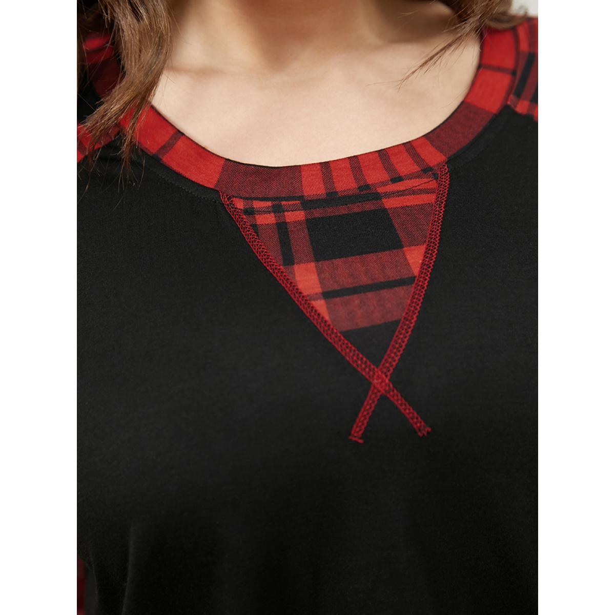 Plus Size Plaid Patchwork Bell Sleeve Long Tee Black Women Casual Contrast Plaid Round Neck Dailywear T-shirts BloomChic 22-24/3X Product Image