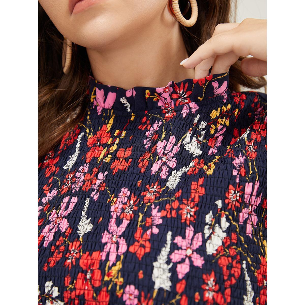 Plus Size Floral Shirred Mock Neck Cut Out Pocket Ruffle Hem Dress DarkBlue Women Elegant Frill Trim Mock Neck Sleeveless Curvy Midi Dress BloomChic 30/6X Product Image