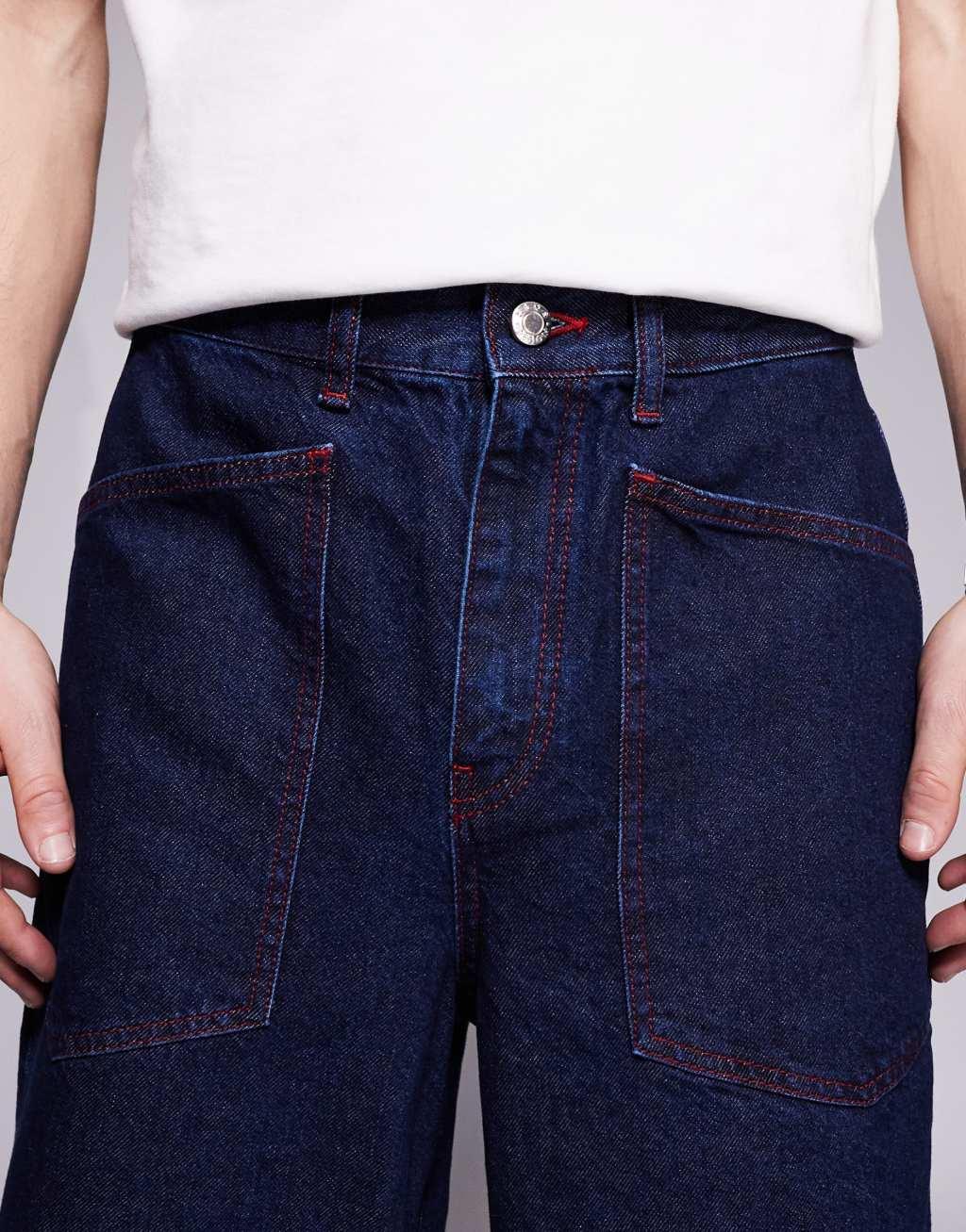ASOS DESIGN super baggy jeans in dark wash blue with red contrast stitch Product Image