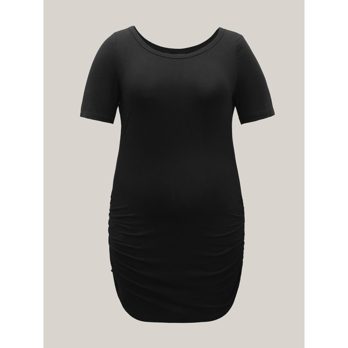 Plus Size Stretchy Ruched Fitted Long T-Shirt Black Women Casual Gathered Round Neck Bodycon Everyday T-shirts BloomChic 28/5X Product Image