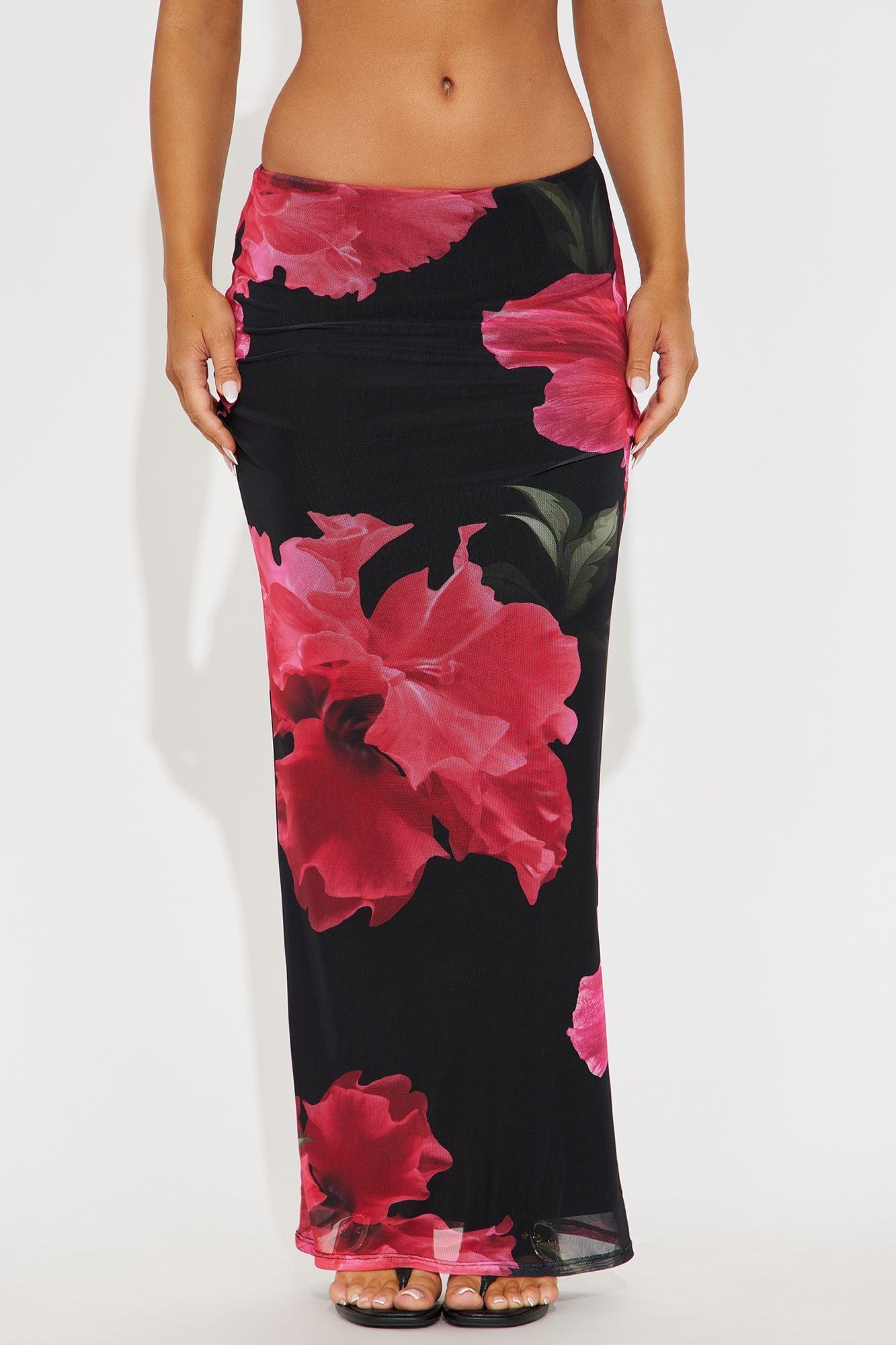 Dark Romance Floral Mesh Maxi Skirt - Black/Pink Product Image