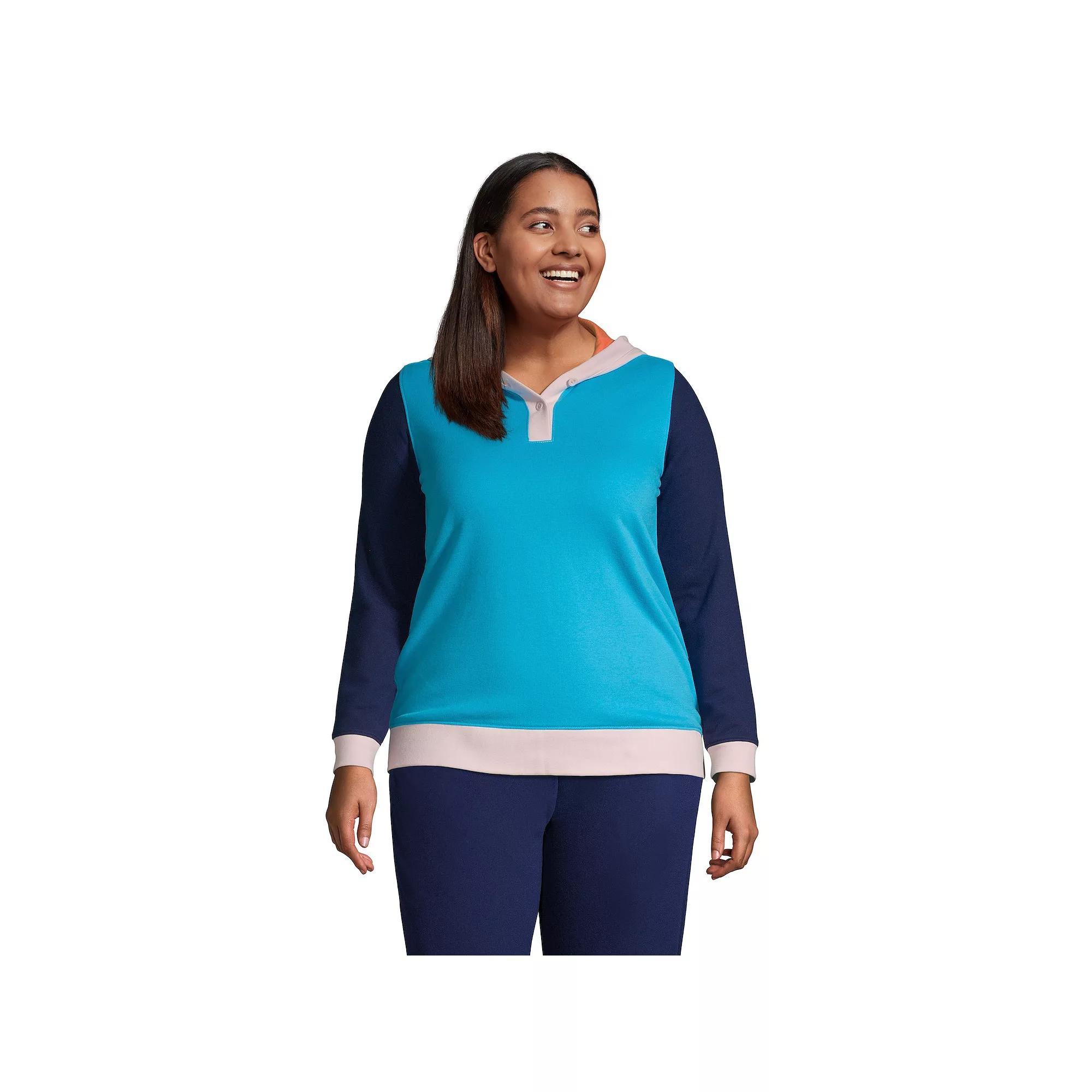 Plus Size Lands' End Serious Sweats Long Sleeve Button Hoodie, Women's, Size: 1XL, Turquoise Colorblock Product Image