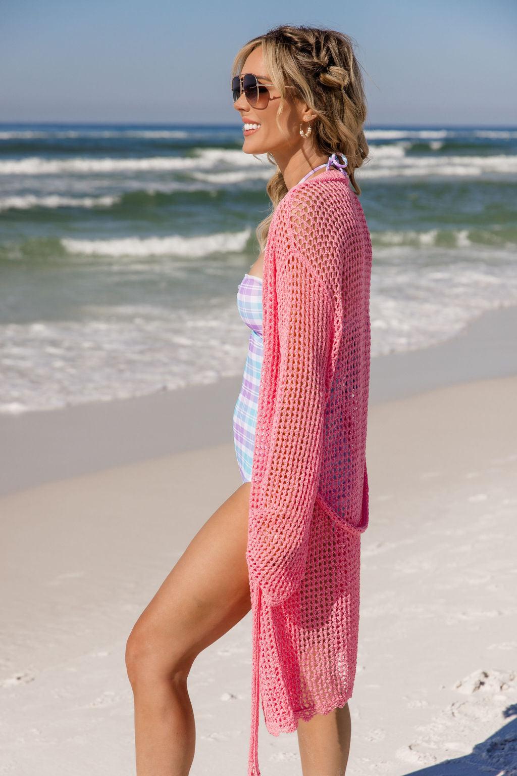 Nautical Charm Pink Open Knit Belted Cover Up FINAL SALE Product Image