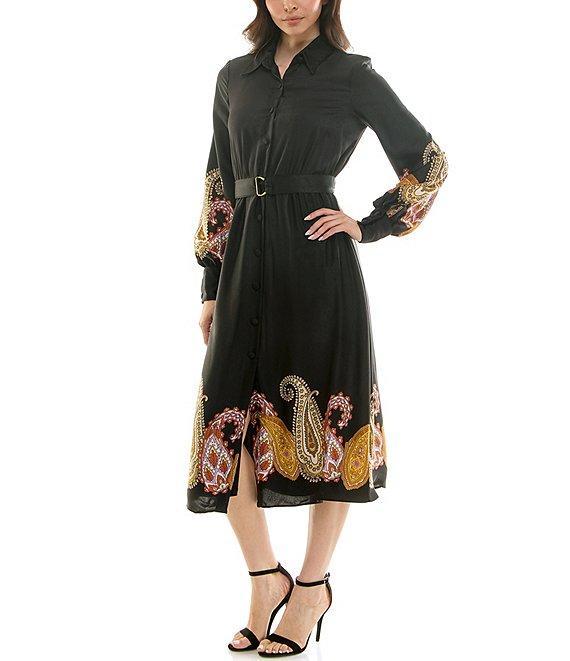Moda Tara Paisley Satin Button Front Long Sleeve Midi Dress Product Image