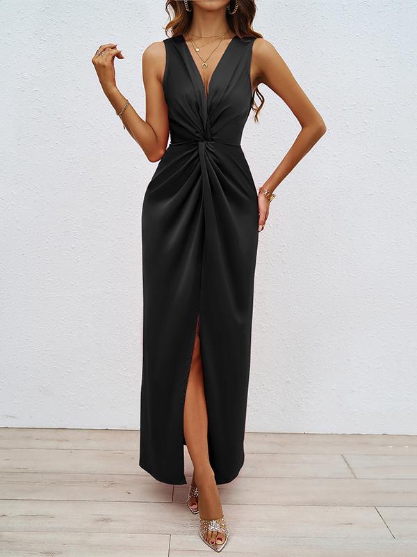 Bodycon High Waisted Elasticity Knot Solid Color Split-Front Split-Joint Zipper V-Neck Maxi Dresses Product Image