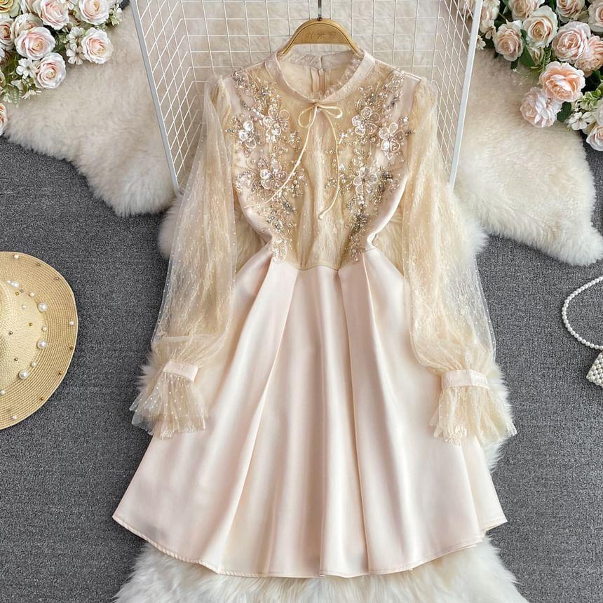 Puff-Sleeve Flower Embroidered Sequin A-Line Dress Product Image