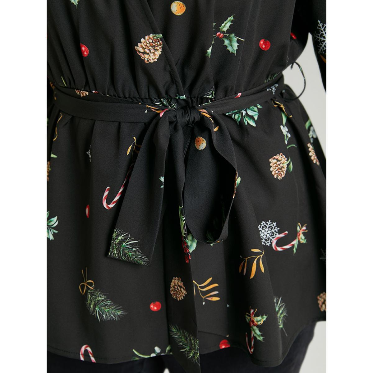 Plus Size Black Christmas Elastic Waist Belted Wrap Blouse Women Elegant Long Sleeve V-neck Festival-Christmas Blouses BloomChic 10/M Product Image