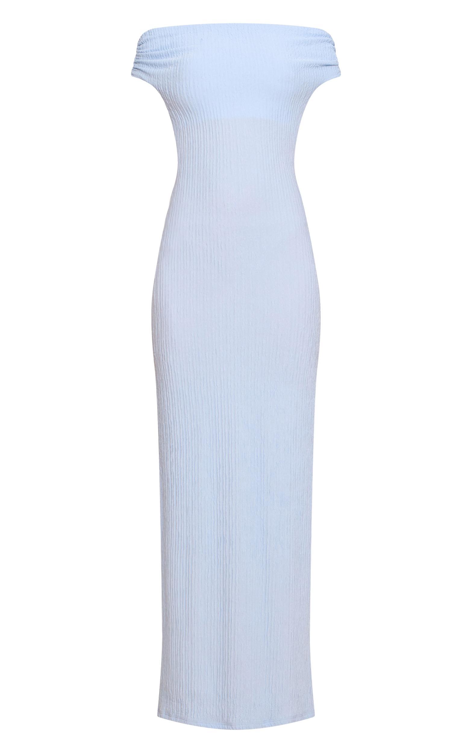 Light Blue Textured Bardot Sleeveless Maxi Dress Product Image