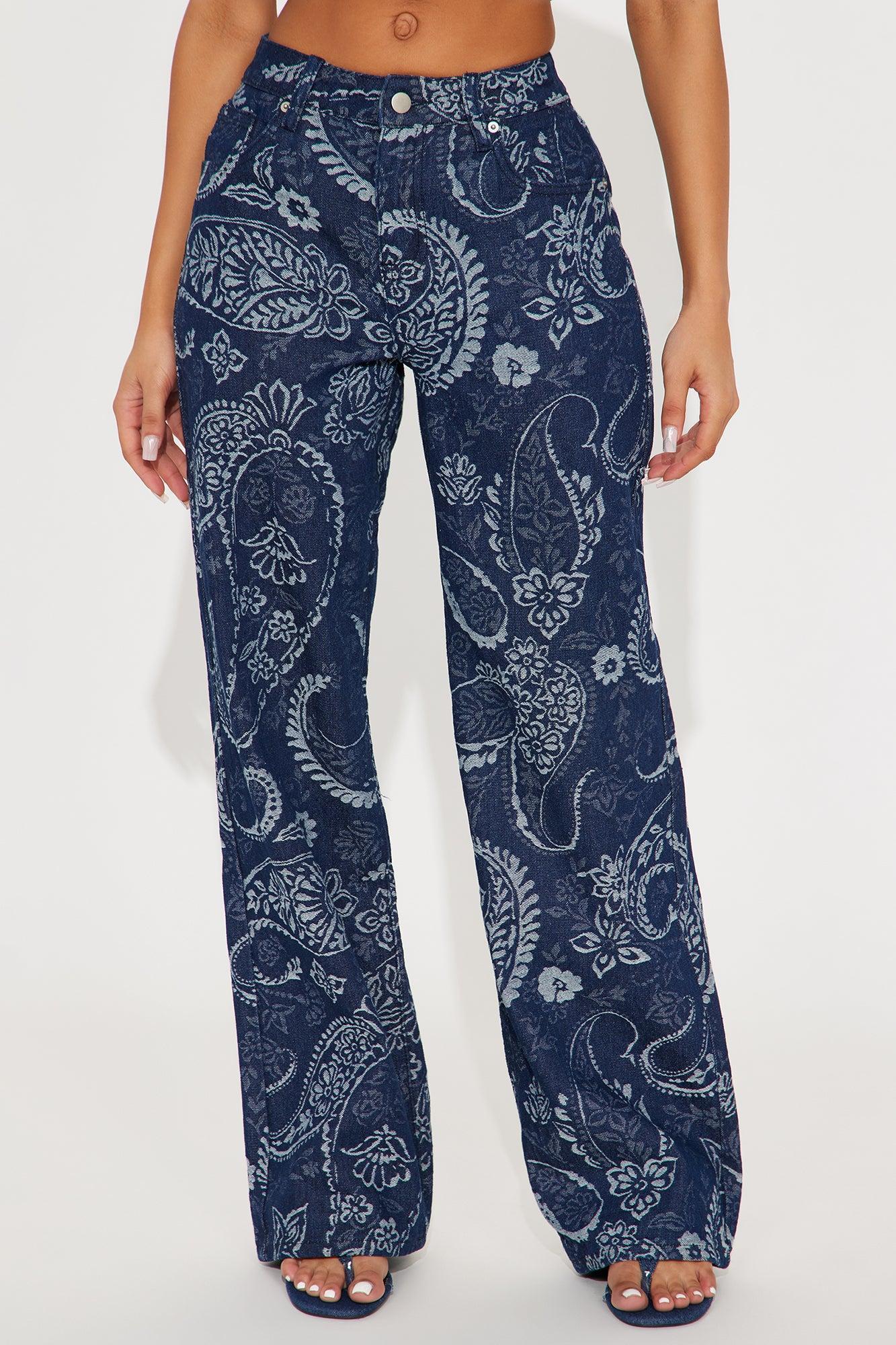 Paisley Dreams Jacquard Wide Leg Jeans - Dark Wash Product Image