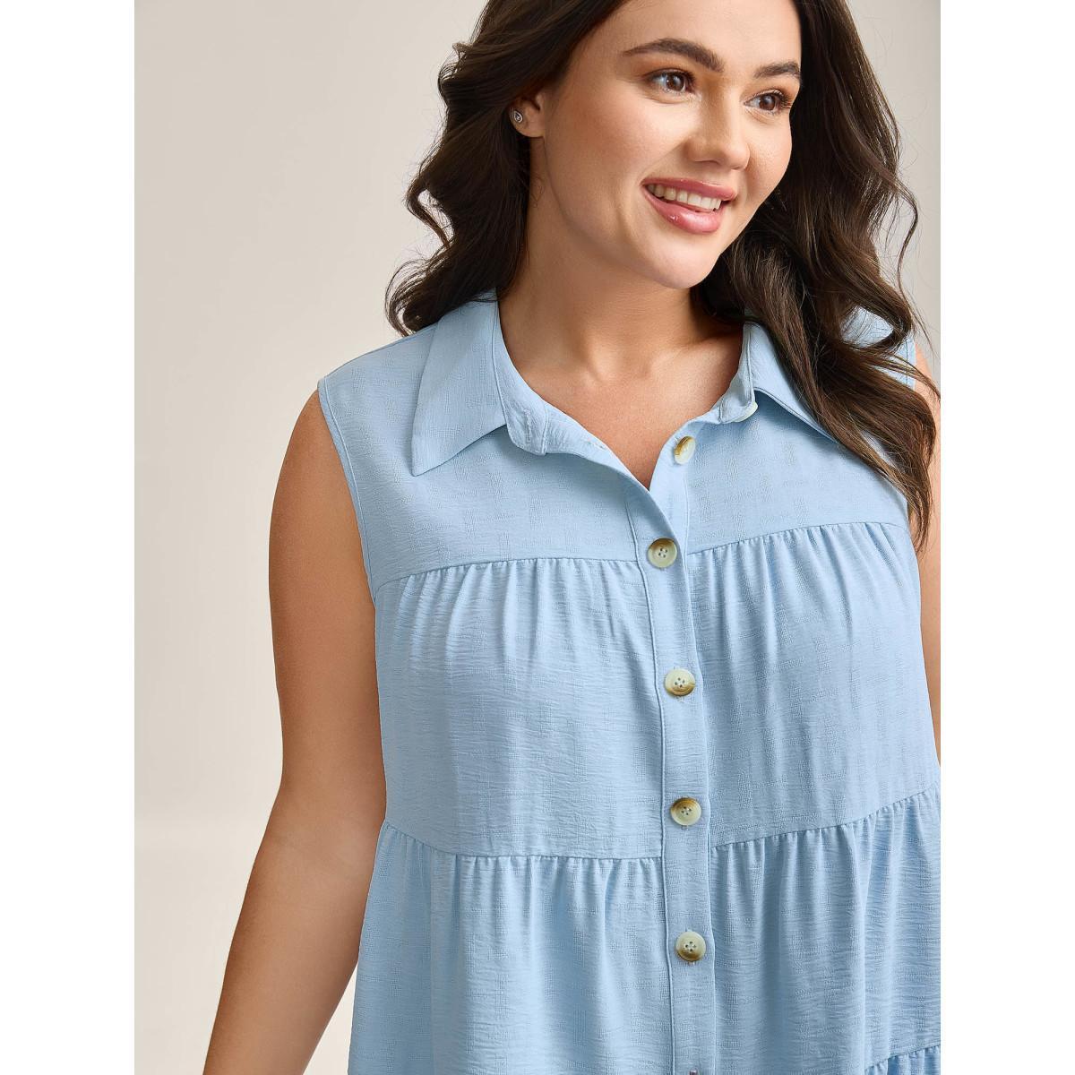 Plus Size Textured Button Placket Tiered Tank Top Women LightBlue Texture Shirt collar Everyday-Casual Tank Tops Camis BloomChic 14-16/1X Product Image