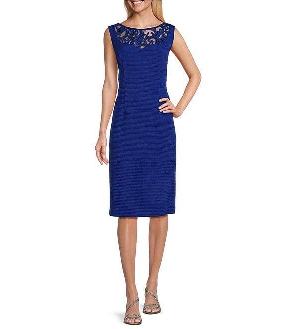 Le Bos Round Neck 3/4 Sleeve Embroidered Mesh Trim Textured 2-Piece Jacket Dress Product Image