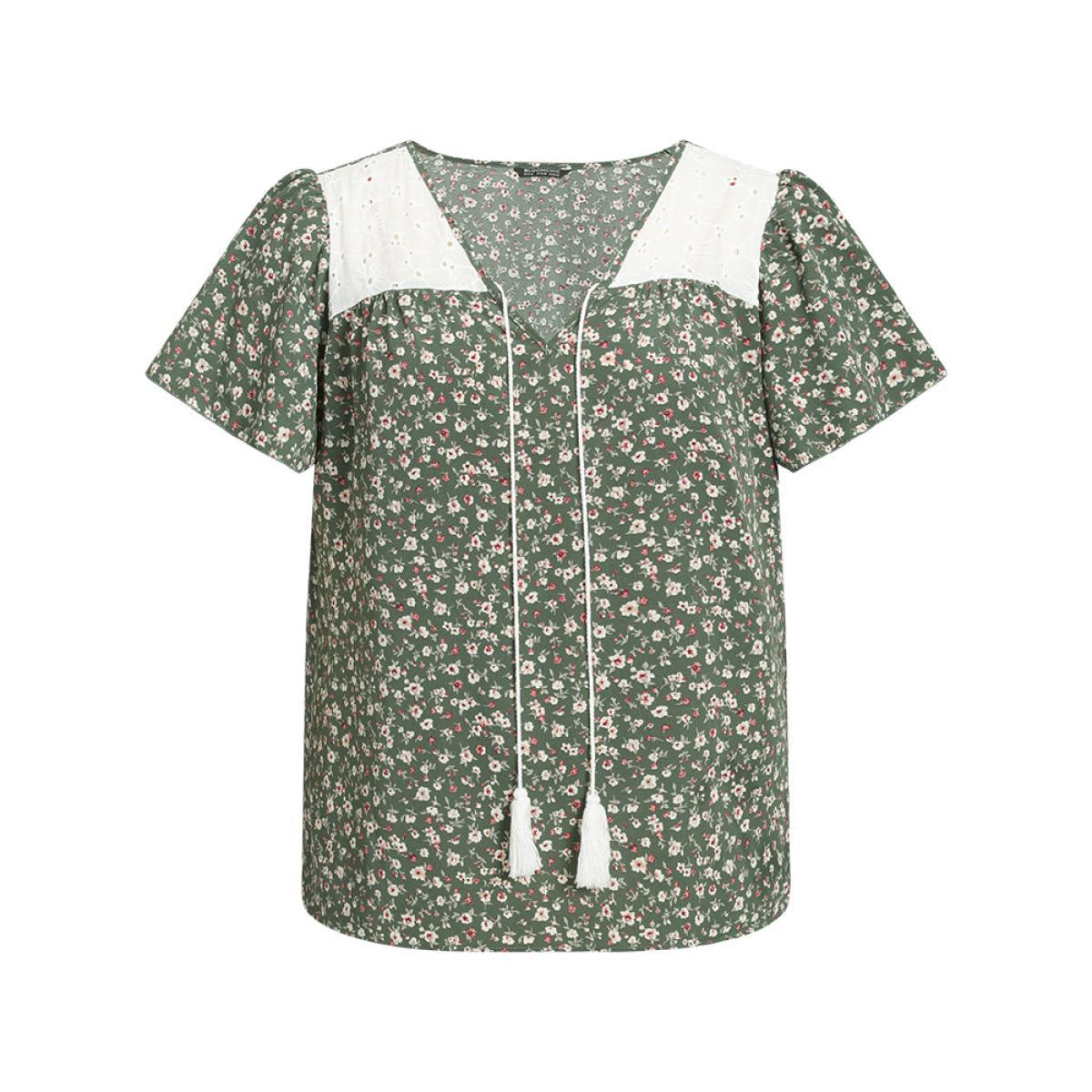 Plus Size ArmyGreen Ditsy Floral Patchwork Tassels Ties Flutter Sleeve Blouse Women Elegant Short sleeve V-neck Dailywear Blouses BloomChic 22-24/3X Product Image