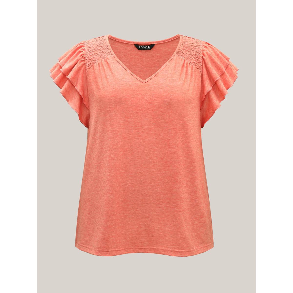 Plus Size Shirred Layered Lotus Leaf Sleeve T-Shirt Salmon Women Gathered V-neck Everyday-Elegant T-shirts BloomChic 26/4X Product Image